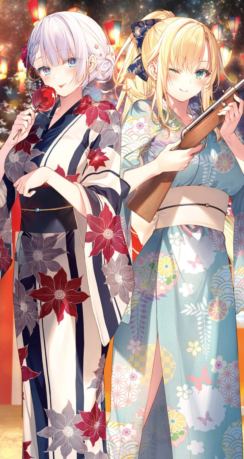 2girls ;) black_bow blonde_hair blue_eyes blue_kimono blush bow candy_apple floral_print food green_eyes gun hair_bow high_ponytail highres holding holding_gun holding_weapon japanese_clothes kimono long_hair looking_at_viewer lyseria_christaria multiple_girls novel_illustration official_art one_eye_closed print_kimono regina_(seiken_gakuin_no_maken_tsukai) seiken_gakuin_no_maken_tsukai shiny shiny_hair silver_hair smile standing tied_hair toosaka_asagi weapon