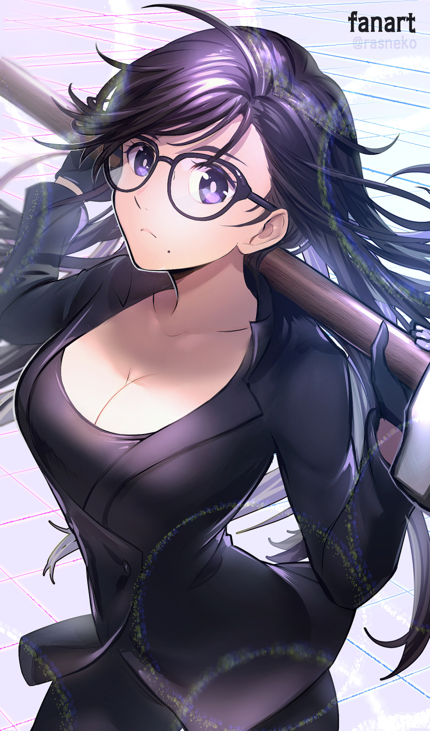 1girl black_hair breasts glasses hammer highres holding holding_hammer large_breasts long_hair minamikata_hizuru mole solo summertime_render violet_eyes y-chan