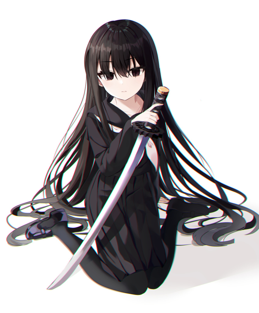 1girl absurdres bangs black_eyes black_footwear black_hair black_legwear black_shirt black_skirt commentary_request expressionless eyebrows_visible_through_hair full_body hagoromo_gitsune hair_between_eyes highres holding holding_sword holding_weapon katana korean_commentary long_hair long_sleeves looking_at_viewer medium_skirt nannung neckerchief nurarihyon_no_mago pantyhose shirt shoes skirt solo sword very_long_hair weapon white_background white_neckwear