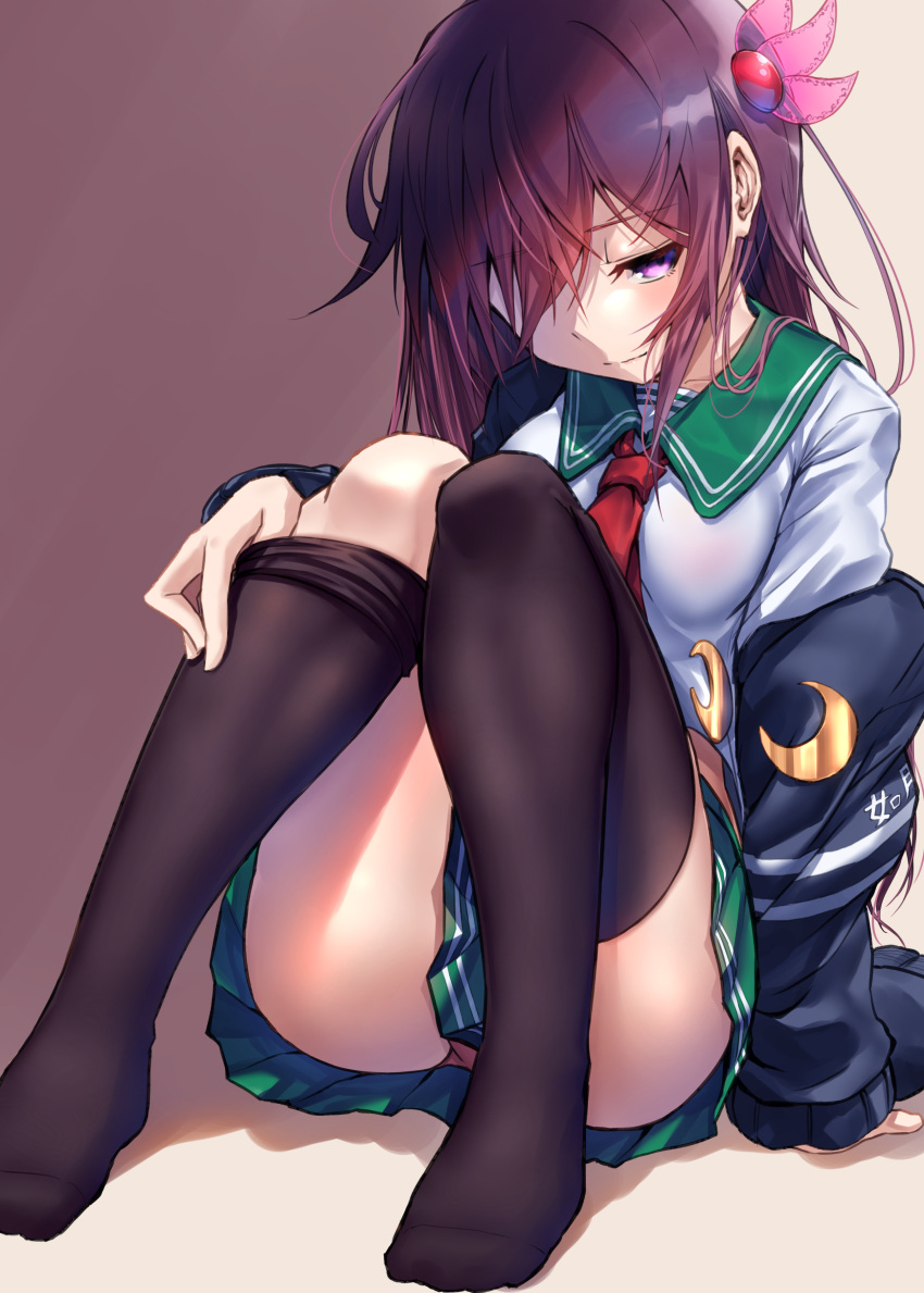 1girl absurdres black_cardigan black_legwear brown_hair cardigan closed_mouth collarbone crescent crescent_pin eyebrows_visible_through_hair green_skirt highres kantai_collection kisaragi_(kancolle) long_hair long_sleeves neckerchief pleated_skirt red_neckwear remodel_(kantai_collection) school_uniform serafuku skirt solo thigh-highs violet_eyes zombie_mogura