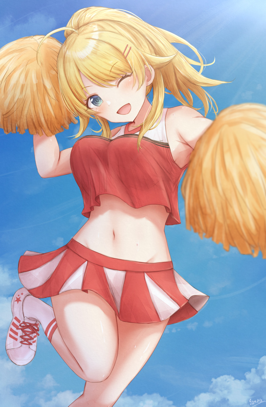 1girl ;d ahoge armpit_crease bangs bare_shoulders blonde_hair blue_eyes blue_sky blush breasts cheering cheerleader clouds collarbone commentary_request cowboy_shot crop_top crop_top_overhang day eyebrows_visible_through_hair gameso groin hachimiya_meguru hair_ornament hairclip hands_up highres holding holding_pom_poms idolmaster idolmaster_shiny_colors kneehighs large_breasts long_hair looking_at_viewer midriff miniskirt navel one_eye_closed open_mouth partial_commentary pleated_skirt pom_poms ponytail red_shirt red_skirt shirt shoes sidelocks skirt sky sleeveless sleeveless_shirt smile sneakers solo standing standing_on_one_leg white_footwear white_legwear