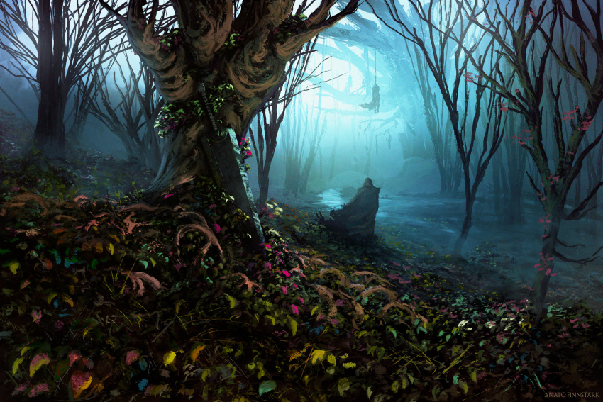 1other anato_finnstark artist_name bare_tree berserk cape dragonslayer_(sword) field flower forest from_behind hanged highres hood hood_up nature tagme tree