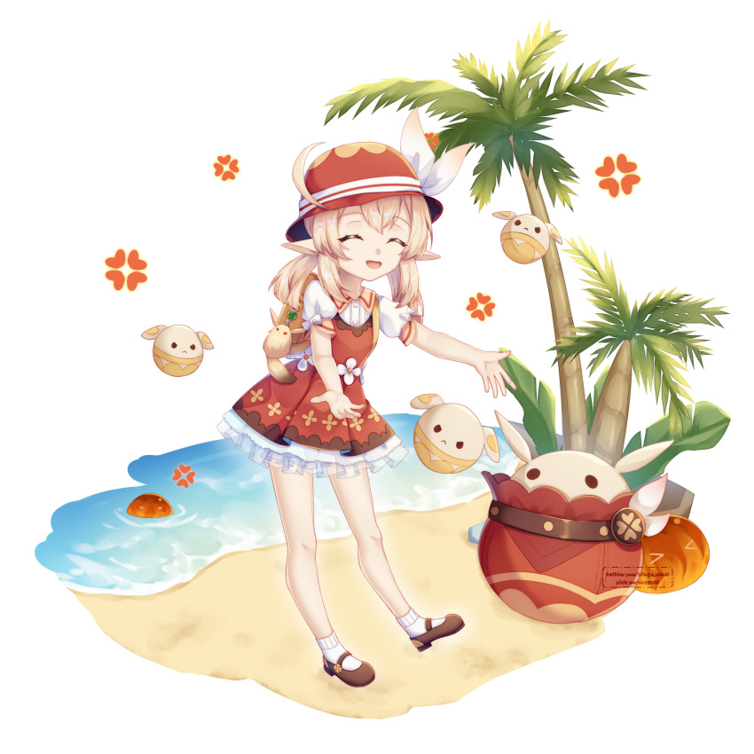 1girl :d ^_^ ^o^ absurdres ahoge alternate_costume azuyuki backpack bag bangs beach casual closed_eyes clover_print coconut_tree commentary dodoco_(genshin_impact) english_commentary eyebrows_visible_through_hair frilled_skirt frills full_body genshin_impact hair_between_eyes hat highres jumpy_dumpty klee_(genshin_impact) leaning_forward light_brown_hair long_hair looking_at_viewer mary_janes ocean open_mouth palm_tree randoseru shoes sidelocks skirt slime_(genshin_impact) smile solo standing standing_on_one_leg sun_hat tree white_legwear