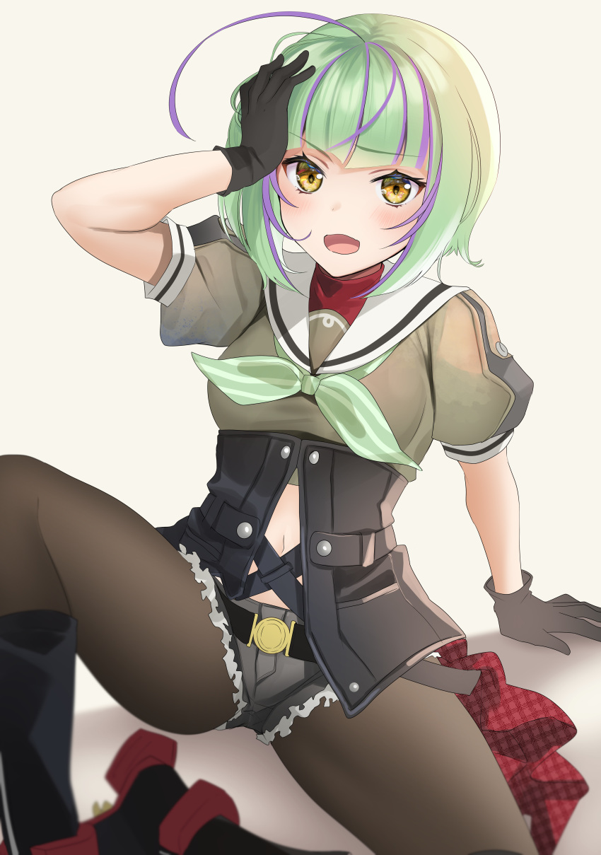 1girl absurdres ahoge bangs black_footwear black_gloves black_legwear blunt_bangs blush boots denim denim_shorts eyebrows_visible_through_hair gloves green_hair green_neckwear hand_on_own_head highres huge_filesize kantai_collection looking_at_viewer multicolored_hair navel open_mouth pantyhose puffy_short_sleeves puffy_sleeves purple_hair sailor_collar short_hair short_shorts short_sleeves shorts simple_background sitting solo streaked_hair take_(kancolle) yellow_eyes yunamaro