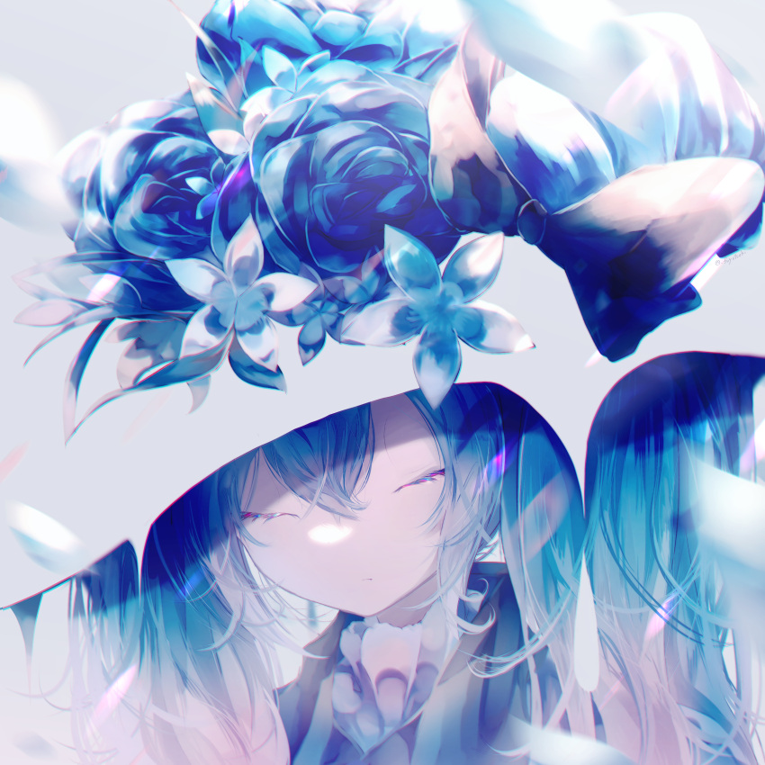 1girl absurdres bangs blue_flower blue_hair blue_rose blue_theme chromatic_aberration closed_eyes closed_mouth clothing_request commentary_request flower fuyuzuki_gato hair_between_eyes hat hat_flower hatsune_miku highres long_hair rose shiny solo upper_body vocaloid