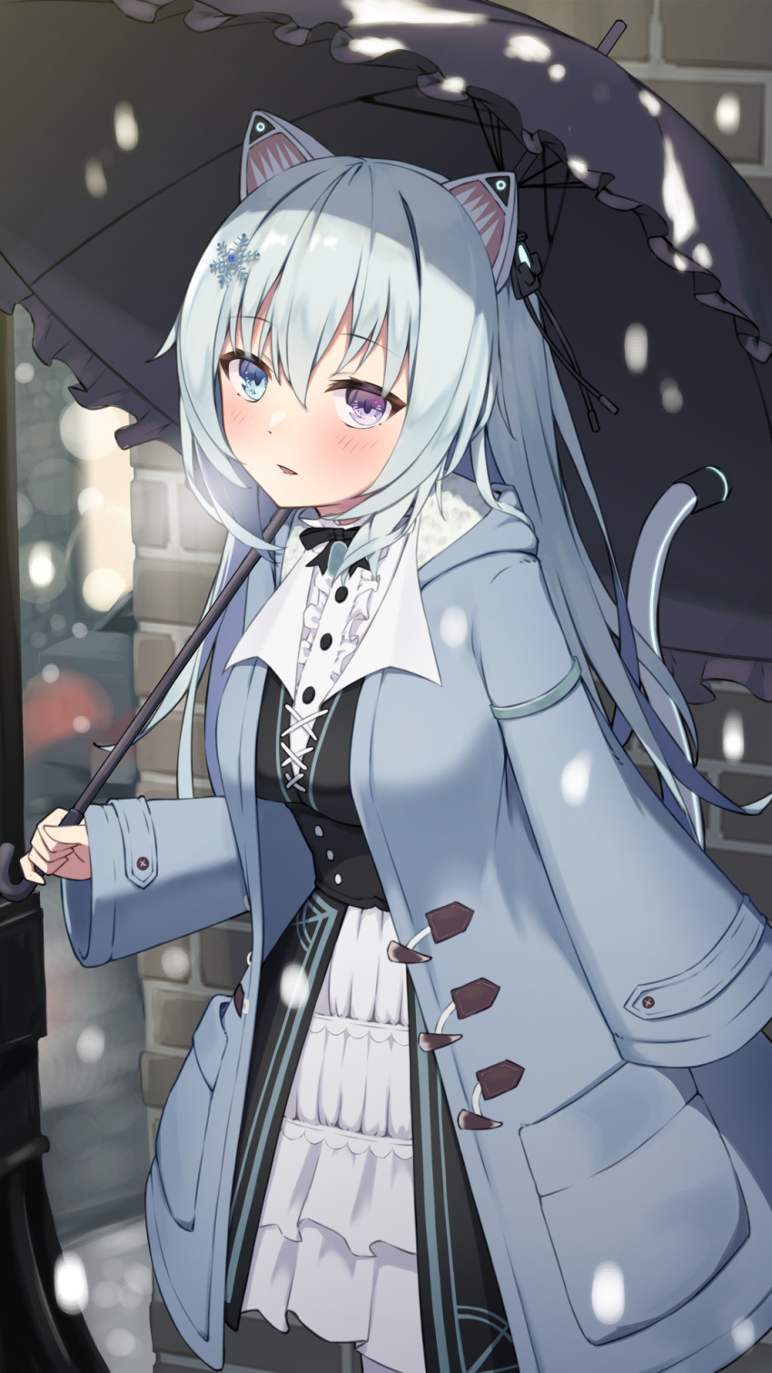 1girl animal_ears black_dress blue_coat blue_eyes blue_hair blush breasts cat_ears cat_tail coat cowboy_shot dress frilled_umbrella hair_ornament highres holding holding_umbrella leaning_forward long_hair long_sleeves looking_at_viewer mechanical_ears mechanical_tail medium_breasts nora_cat nora_cat_channel open_clothes open_coat outdoors parted_lips smile snowflake_hair_ornament snowing solo tail taitan umbrella very_long_hair violet_eyes winter