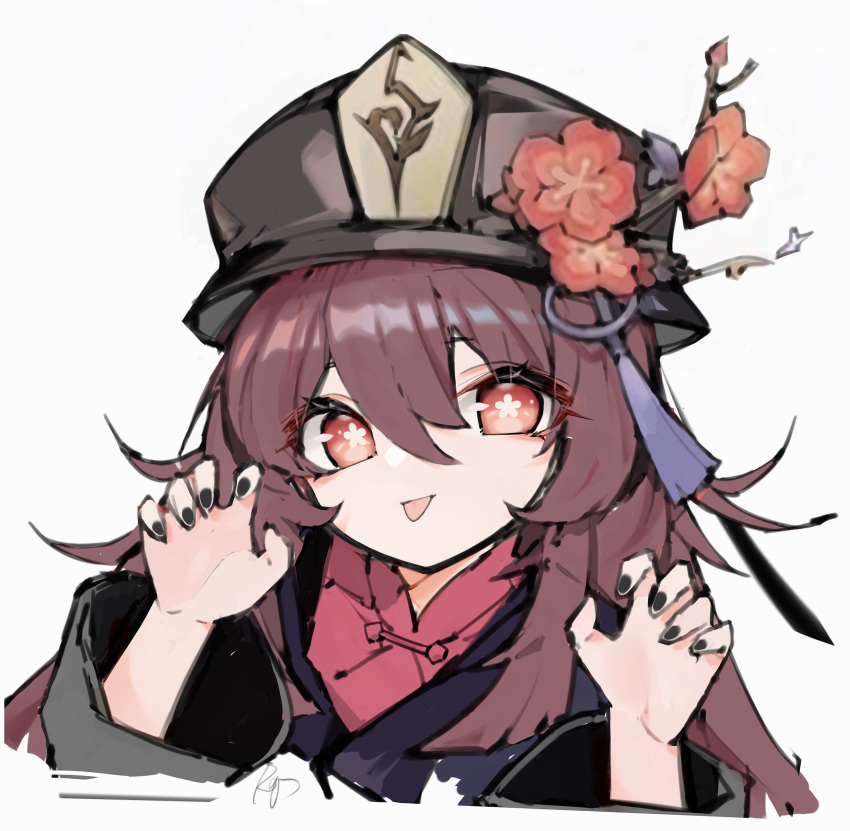 1girl absurdres bangs black_headwear black_nails brown_hair error1980 eyes_visible_through_hair flower flower-shaped_pupils genshin_impact hat hat_flower hat_ornament highres hu_tao_(genshin_impact) long_hair long_sleeves looking_at_viewer multicolored multicolored_clothes nail_polish sidelocks simple_background solo symbol-shaped_pupils tongue tongue_out upper_body white_background
