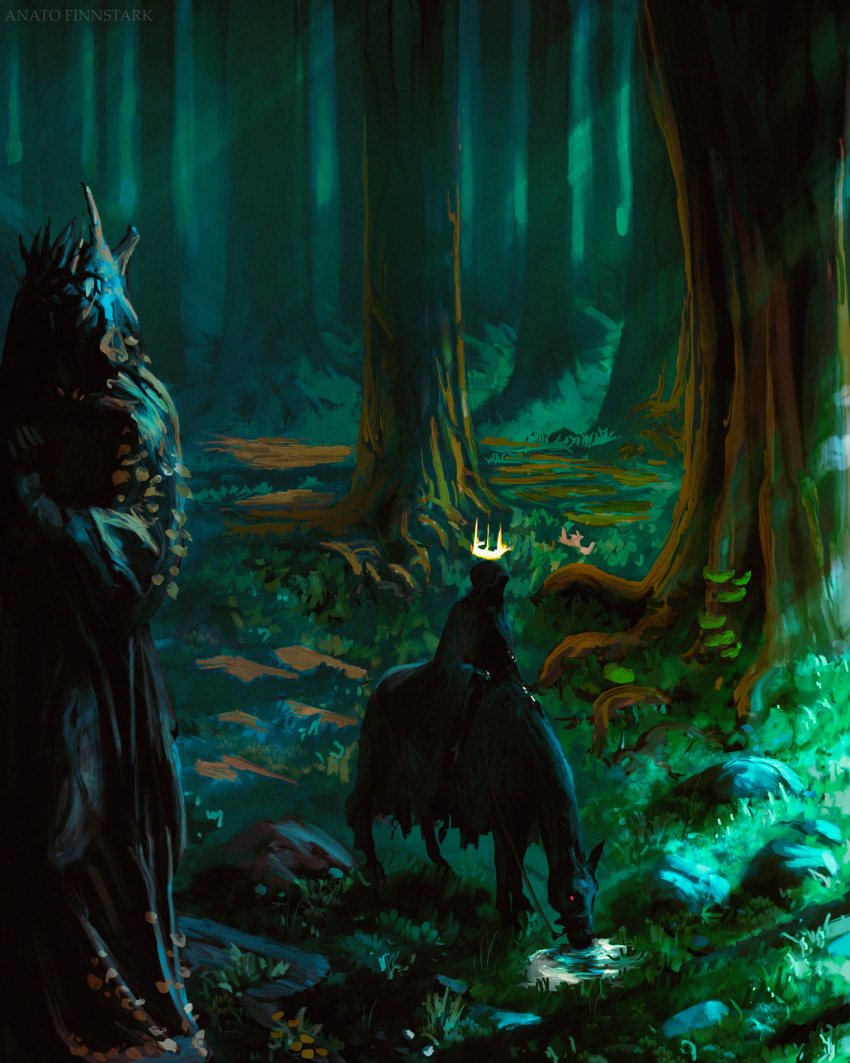 1boy anato_finnstark artist_name black_cloak cloak crown floating floating_object forest glowing glowing_eye grass highres hood hood_up hooded_cloak horse legendarium nature nazgul night outdoors red_eyes riding scenery sitting statue the_lord_of_the_rings tree