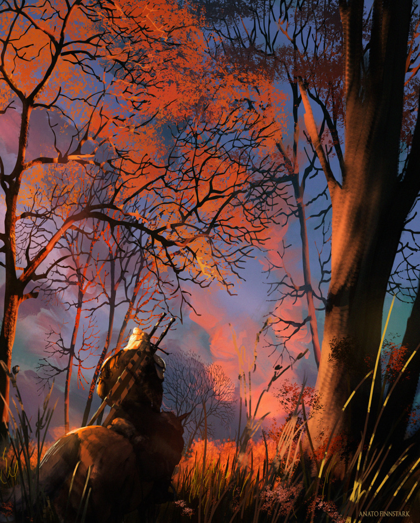 1boy anato_finnstark artist_name blue_sky day from_behind geralt_of_rivia grass highres horseback_riding male_focus outdoors red_sky riding sky sword sword_on_back the_witcher tree weapon