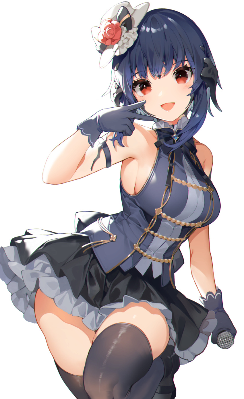 1girl :d akizone arm_strap armpits au_ra bangs bare_shoulders black_gloves black_legwear black_skirt blue_hair breasts eyebrows_visible_through_hair final_fantasy final_fantasy_xiv flower gloves hat highres holding holding_microphone layered_skirt looking_at_viewer medium_breasts microphone mini_hat miniskirt open_mouth original red_eyes red_flower red_rose renz_(rirene_rn) rose shirt short_hair simple_background skirt sleeveless sleeveless_shirt smile solo thigh-highs v white_background white_headwear zettai_ryouiki