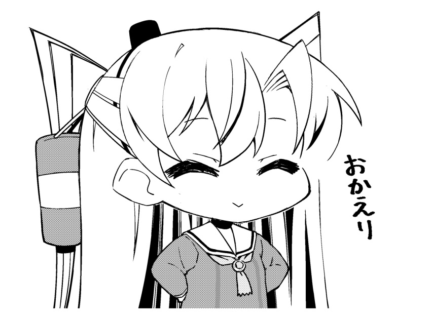 1girl amatsukaze_(kancolle) ataru_(ataru-littlebird) chibi choker closed_eyes commentary_request cowboy_shot dress greyscale hair_tubes hands_on_hips hat kantai_collection lifebuoy_ornament mini_hat monochrome sailor_collar sailor_dress smokestack_hair_ornament solo translation_request two_side_up windsock