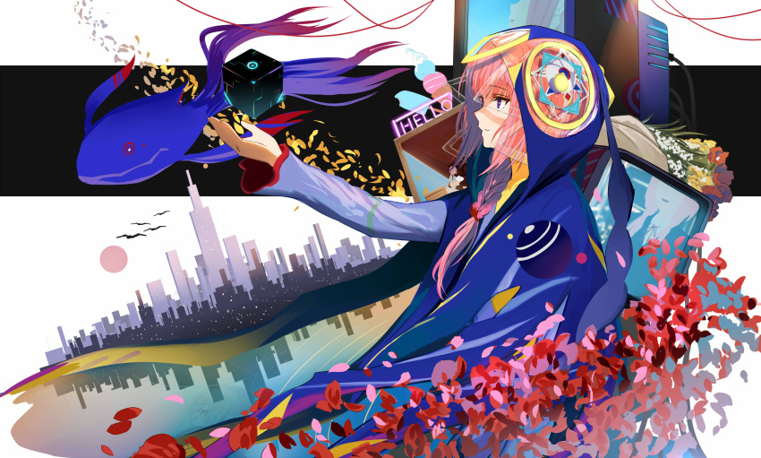1girl blue_eyes bouquet braid cherry_blossoms cityscape expressionless flower food highres hood hood_up hooded_jacket ice_cream isshiki_(ffmania7) jacket kaf long_hair long_sleeves monitor moon multicolored multicolored_eyes neon_lights outstretched_arm petals pink_hair profile solo virtual_kaf virtual_youtuber