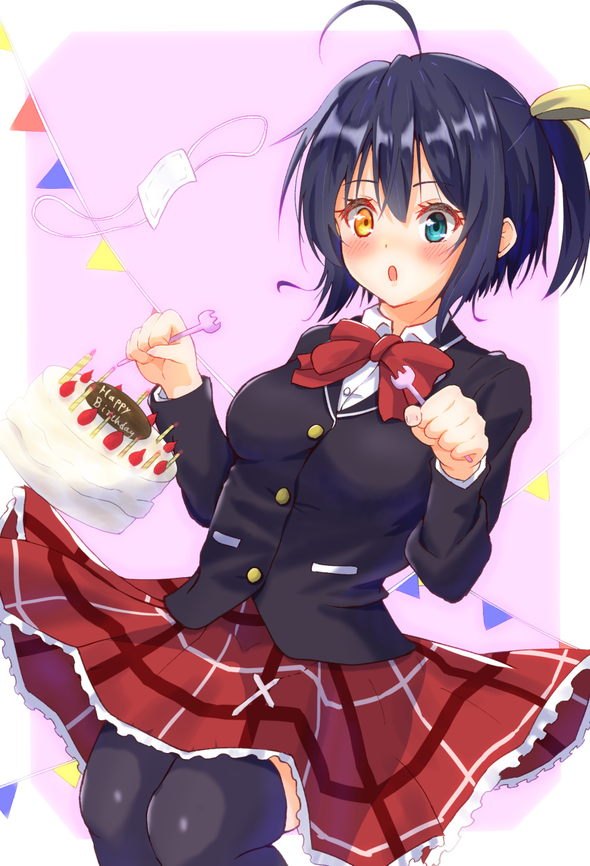 1girl :o absurdres ahoge bangs black_hair black_jacket black_legwear blue_eyes blush border bow breasts cake chuunibyou_demo_koi_ga_shitai! collared_shirt eyepatch eyepatch_removed food fork frilled_skirt frills fugi_(nyanpasu_axela) hair_ribbon heterochromia highres icho_private_high_school_uniform jacket large_breasts medical_eyepatch one_side_up open_mouth over-kneehighs pink_background plaid plaid_skirt red_bow ribbon school_uniform shiny shiny_hair shirt skirt solo takanashi_rikka thigh-highs white_border white_eyepatch white_shirt yellow_ribbon