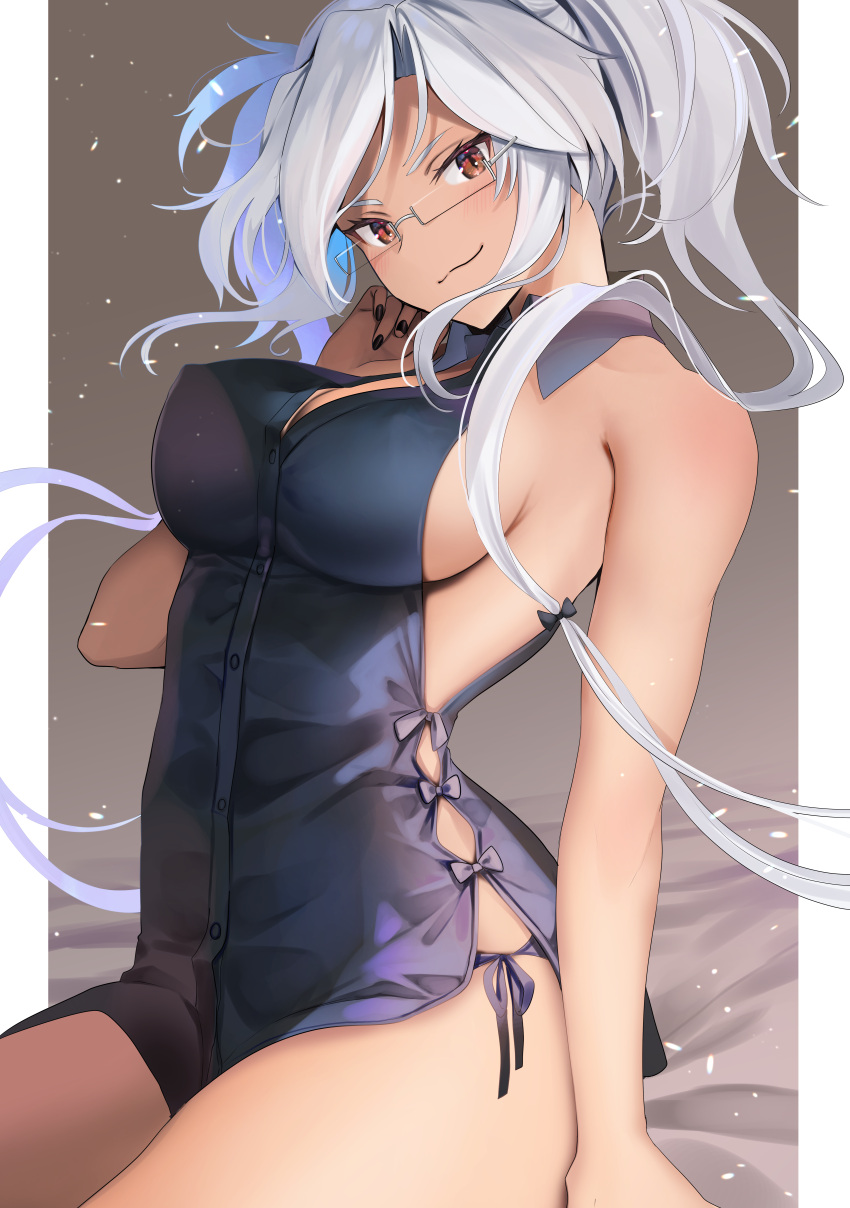 1girl absurdres arm_support black_dress black_nails black_panties blush breasts closed_mouth commentary_request dark-skinned_female dark_skin dress glasses highres huge_filesize kantai_collection large_breasts looking_at_viewer musashi_(kancolle) panties rectangular_eyewear red_eyes short_hair_with_long_locks side-tie_dress side-tie_panties sideboob silver_hair smile solo twintails underwear yunamaro