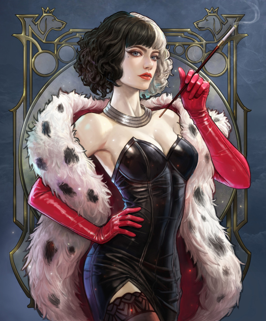 1girl black_hair blue_eyes cruella_(film) cruella_de_vil dress elbow_gloves fur_trim gloves hand_on_hip highres holding jewelry kim_sung_hwan lips mole mole_under_eye multicolored_hair necklace no_bra off-shoulder_dress off_shoulder parted_lips red_gloves solo standing two-tone_hair white_hair