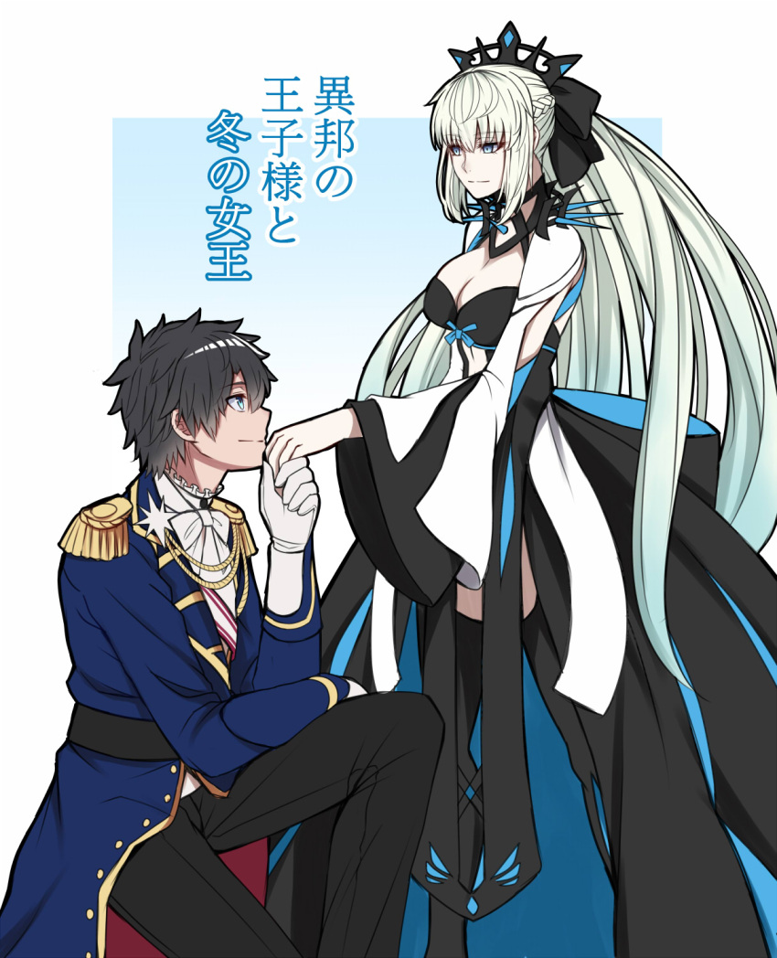 1boy black_bow black_dress black_hair black_veil bow braid center_opening clothing_cutout dress fate/grand_order fate_(series) formal french_braid fujimaru_ritsuka_(male) hand_grab hetero highres holding_hands kiss kissing_hand light_blue_eyes looking_at_another morgan_le_fay_(fate) one_knee platinum_blonde_hair sanmotogoroo stomach_cutout two-tone_dress