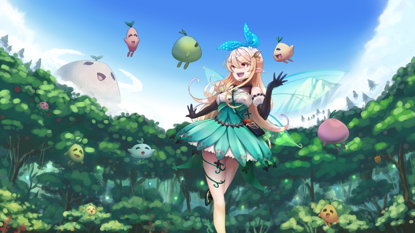 1girl :d ^_^ alternate_breast_size black_gloves blonde_hair breasts brown_eyes closed_eyes elbow_gloves english_commentary fairy fairy_wings gloves green_ribbon green_skirt hair_behind_ear hair_ribbon halter_top halterneck highres looking_up medium_breasts mountain nijisanji nijisanji_en open_mouth pointy_ears pomu_rainpuff pomudachi_(pomu_rainpuff) qtini ribbon skirt smile solo_focus standing standing_on_one_leg virtual_youtuber wings