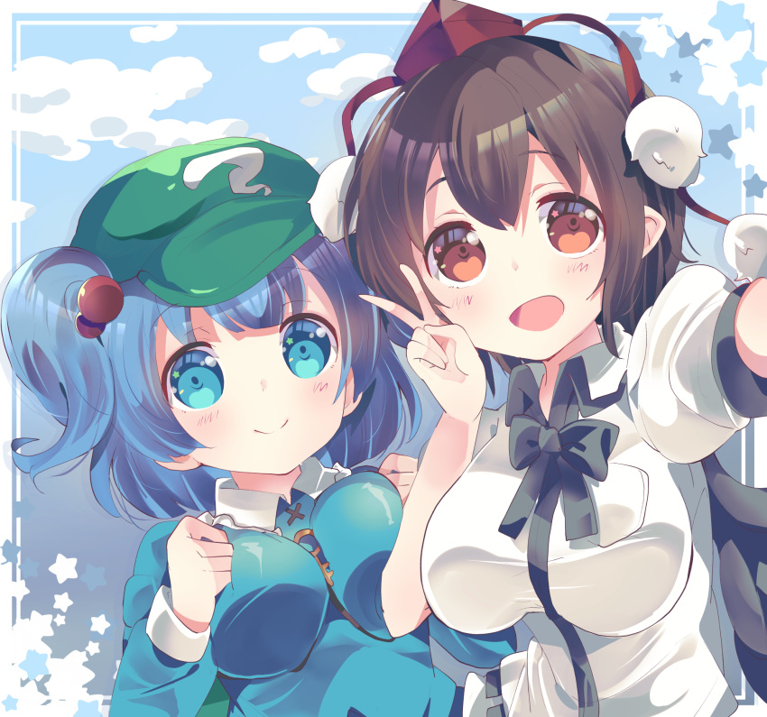 2girls :d blue_eyes blue_hair breasts brown_eyes brown_hair clouds cloudy_sky hair_bobbles hair_ornament hat highres kawashiro_nitori large_breasts multiple_girls nohoshio open_mouth outdoors pom_pom_(clothes) selfie shameimaru_aya short_hair sky smile star_(symbol) tokin_hat touhou two_side_up v