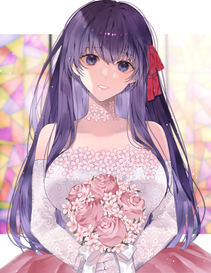 1girl bangs bare_shoulders blue_eyes blurry blurry_background blush bouquet breasts collarbone commentary_request dress elbow_gloves eyebrows_visible_through_hair fate/stay_night fate_(series) flower gloves hair_ribbon highres large_breasts long_hair looking_at_viewer matou_sakura parted_lips pink_flower purple_hair red_ribbon ribbon shimatori_(sanyyyy) smile solo teeth wedding_dress white_gloves