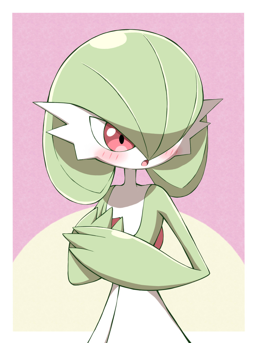 absurdres blush border colored_skin commentary_request covering covering_chest embarrassed gardevoir gen_3_pokemon green_hair hands_up highres looking_away open_mouth pokemon pokemon_(creature) red_eyes shabana_may solo tongue white_border white_skin