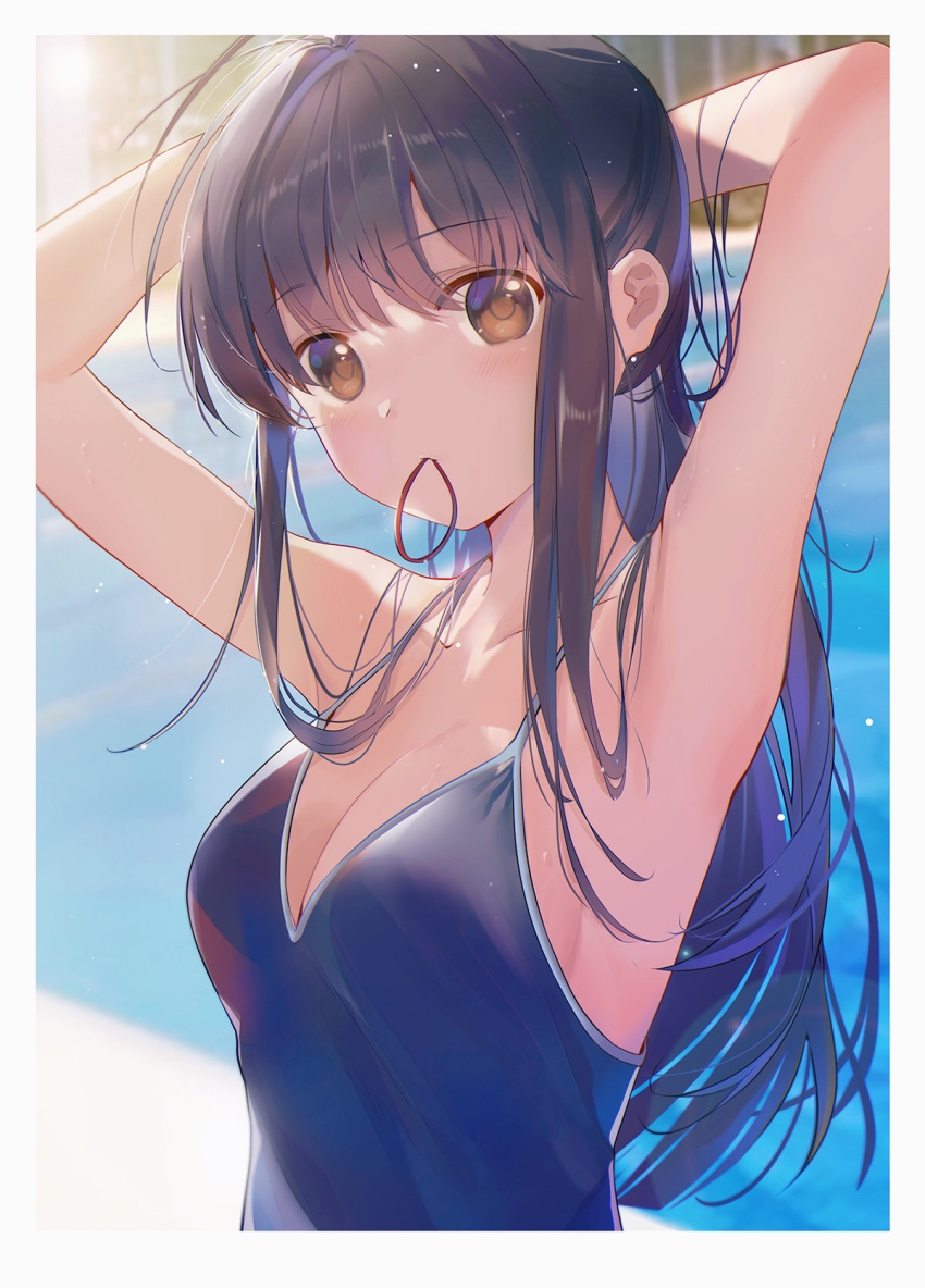 1girl arms_behind_head arms_up bangs black_hair blue_swimsuit blurry blurry_background blush breasts brown_eyes commentary copyright_request elise_(piclic) english_commentary eyebrows_visible_through_hair hair_tie_in_mouth highres long_hair looking_at_viewer medium_breasts mouth_hold one-piece_swimsuit original solo swimsuit tying_hair upper_body water