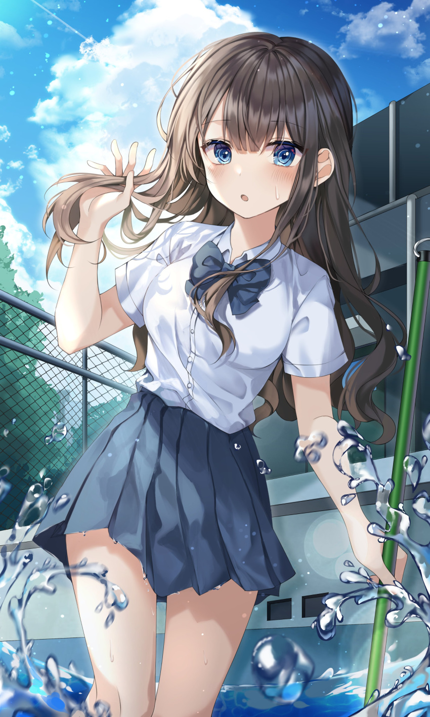 1girl :o absurdres bangs blue_eyes blue_neckwear blue_skirt blue_sky blunt_bangs broom brown_hair chain-link_fence collared_shirt commentary_request condensation_trail day duyu eyebrows_visible_through_hair fence hand_in_hair highres holding holding_broom long_hair looking_at_viewer open_mouth original outdoors pleated_skirt pool school_uniform shirt short_sleeves sidelocks skirt sky solo standing water water_drop wavy_hair wet white_shirt