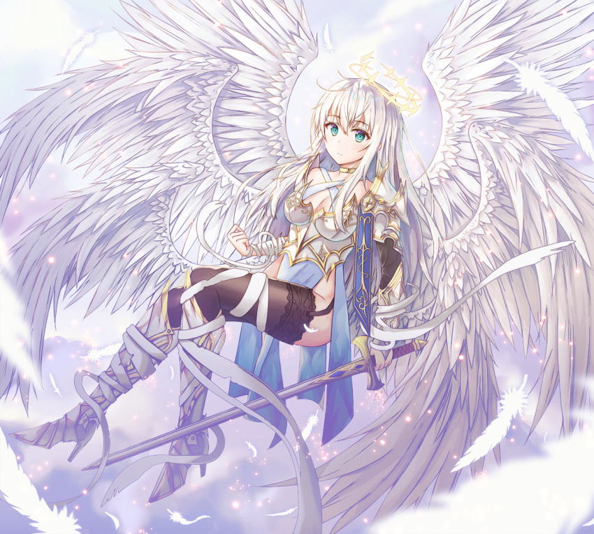 1girl angel angel_wings armor armored_dress bandages bangs blue_eyes breasts clouds eyebrows_visible_through_hair feathered_wings feathers floating hair_between_eyes halo high_heels holding holding_sword holding_weapon lkeris long_hair looking_at_viewer multiple_wings original silver_hair sky solo sword thigh-highs weapon wings