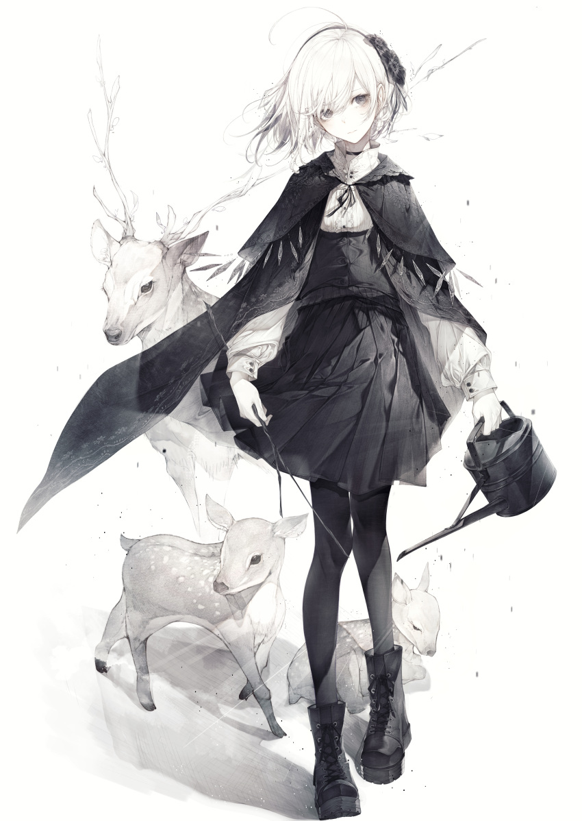 1girl absurdres black_footwear boots cape capelet deer expressionless fawn grey_eyes hairband high-waist_skirt highres hito_komoru holding holding_stick holding_watering_can long_sleeves monochrome original pale_skin pantyhose puffy_long_sleeves puffy_sleeves shadow shirt short_hair skirt standing stick watering_can white_background white_hair white_shirt wind