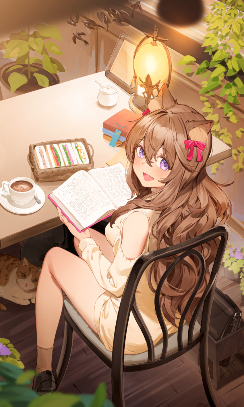 1girl animal_ear_fluff animal_ears bangs blush book brown_hair brown_legwear cat clothing_cutout commentary_request cup dress english_commentary eyebrows_visible_through_hair fang food from_above full_body hair_between_eyes hair_ribbon highres holding holding_book indoors lamp long_hair long_sleeves looking_at_viewer looking_back looking_up mixed-language_commentary nyum on_chair open_book open_mouth original plant red_ribbon ribbon shoes shoulder_cutout sitting skin_fang smile socks solo sweater sweater_dress turtleneck violet_eyes yellow_sweater