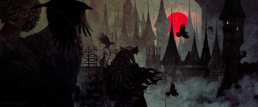 anato_finnstark animal bird bloodborne building city eileen_the_crow feather-trimmed_coat fog from_side hat highres kneeling moon night plague_doctor_mask raven_(animal) red_moon solo statue wide_shot