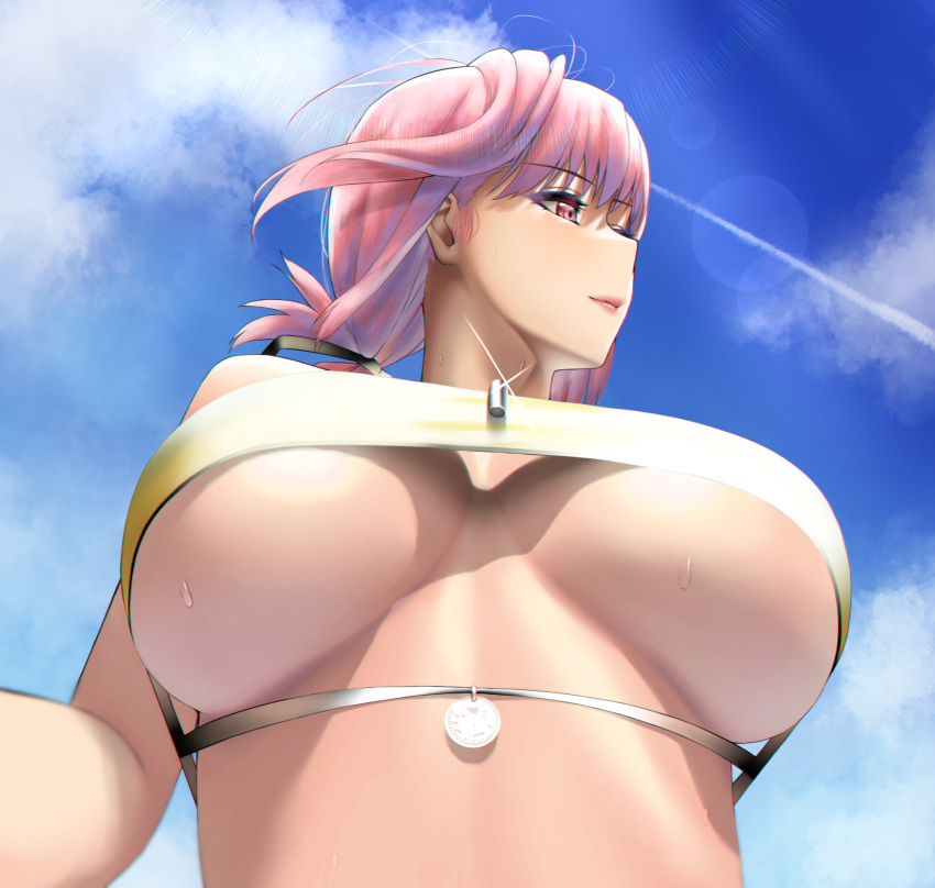 1girl bangs bikini braid braided_ponytail breasts chaldea_lifesavers clouds cloudy_sky commentary_request day eyebrows_visible_through_hair fate/grand_order fate_(series) florence_nightingale_(fate) from_below highres karakari large_breasts long_hair looking_to_the_side pink_hair red_eyes sky smile solo sparkle swimsuit wet yellow_bikini