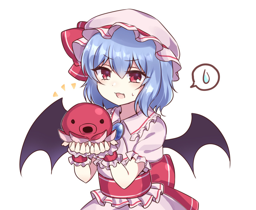 1girl :3 animal bat_wings blue_hair brooch commission eyebrows_visible_through_hair fang fangs hat hat_ribbon highres holding holding_animal jewelry looking_at_viewer mob_cap octopus open_mouth pink_headwear pink_shirt pink_skirt red_eyes red_ribbon remilia_scarlet ribbon shirt short_hair short_sleeves simple_background skeb_commission skirt spoken_sweatdrop subaru_(subachoco) sweatdrop touhou upper_body white_background wings wrist_cuffs