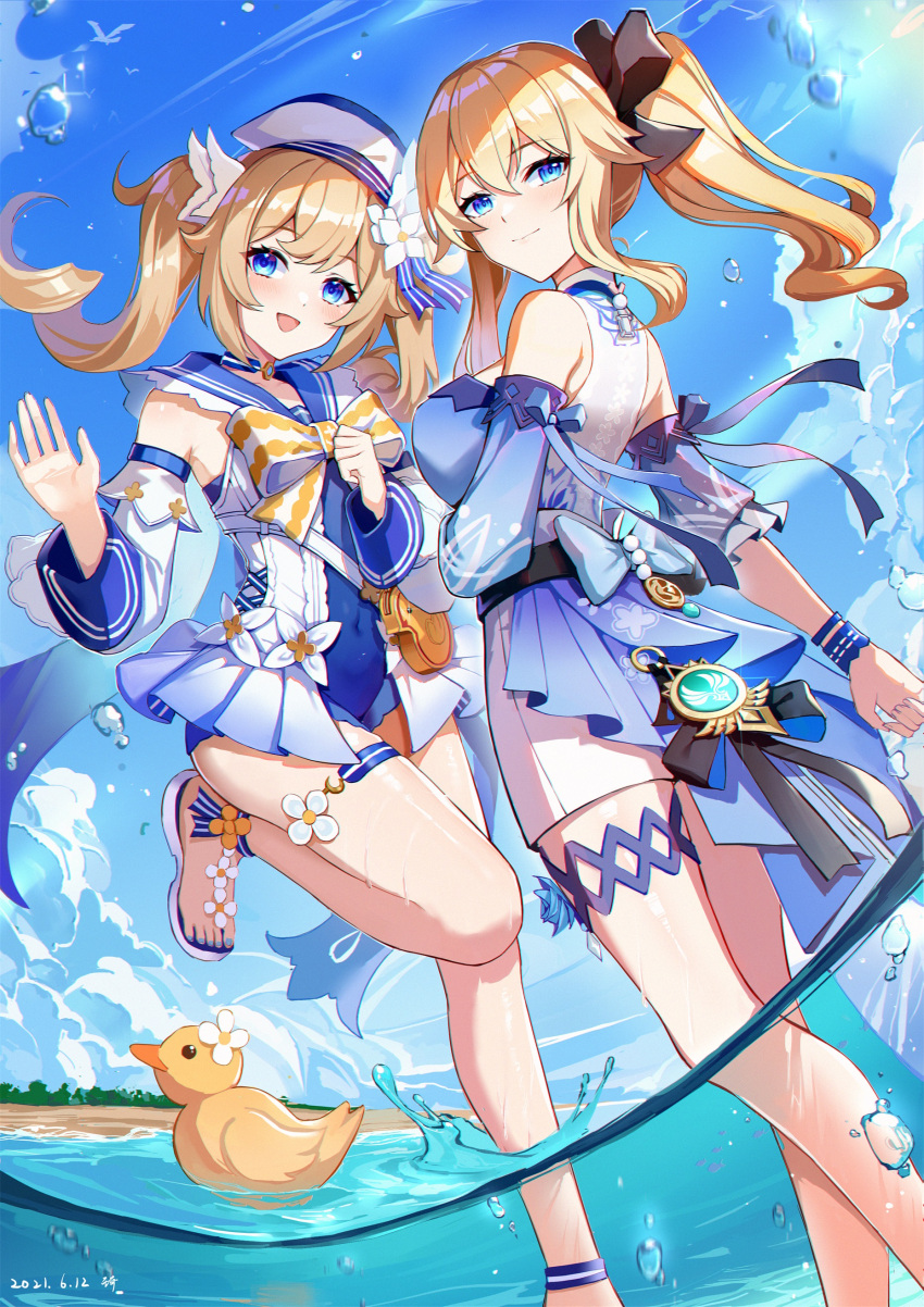 2girls :d absurdres anklet bangs barbara_(genshin_impact) barbara_(summertime_sparkle)_(genshin_impact) bare_shoulders beach black_bow blonde_hair blue_eyes blue_nails blue_sky blush bow detached_sleeves genshin_impact hair_bow hair_ornament high_ponytail highres jean_(genshin_impact) jean_(sea_breeze_dandelion)_(genshin_impact) jewelry multiple_girls nail_polish ocean official_alternate_costume open_mouth partially_submerged sand school_uniform serafuku shorts siblings sisters sky slippers smile standing swimsuit thighlet thighs twintails wangqi water white_headwear
