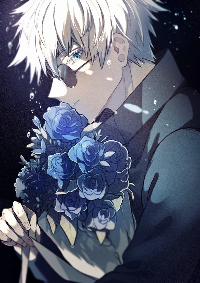 1boy 961sk_q bangs black_background black_jacket blue_eyes blue_flower blue_rose bouquet closed_mouth flower gojou_satoru high_collar highres jacket jujutsu_kaisen long_sleeves looking_at_viewer male_focus profile rose round_eyewear short_hair solo sunglasses upper_body water_drop white_hair