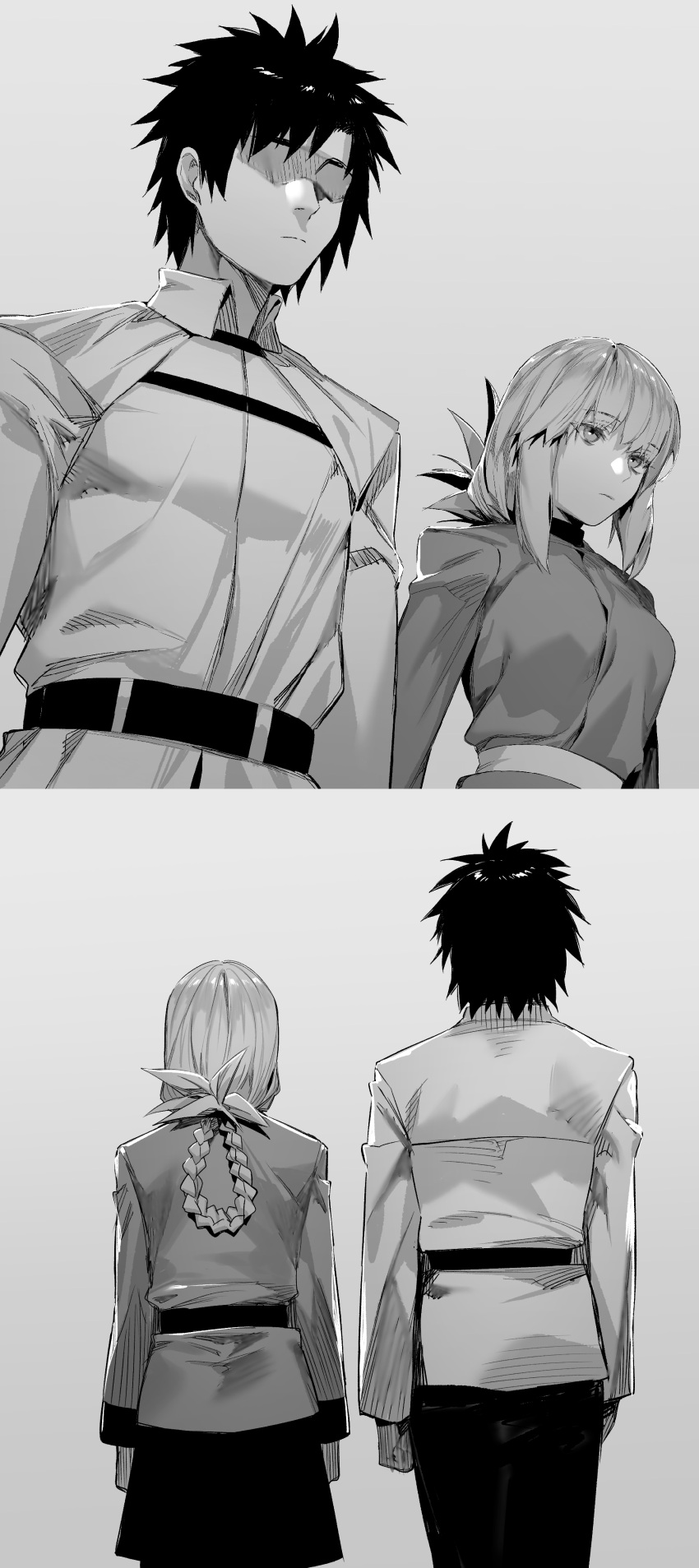 1boy 1girl absurdres braid closed_mouth faceless faceless_male fate/grand_order fate_(series) florence_nightingale_(fate) from_behind fujimaru_ritsuka_(male) grey_background greyscale highres hxd long_hair long_sleeves monochrome shirt short_hair simple_background skirt
