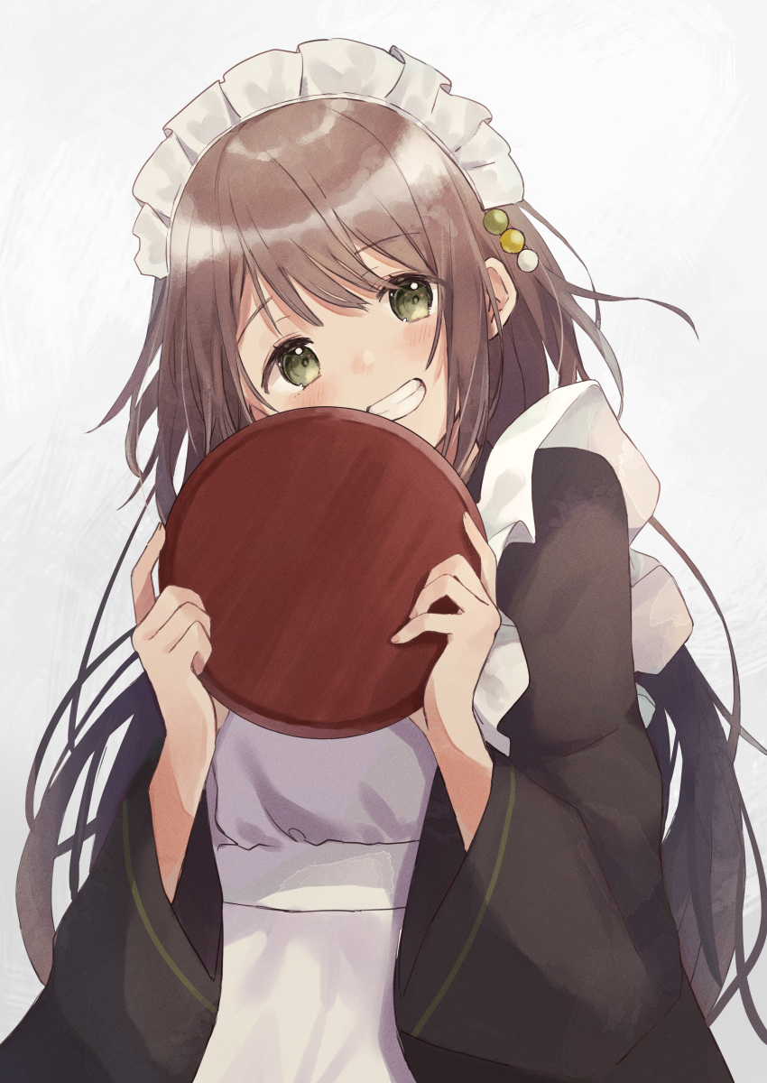 1girl :d absurdres apron bangs black_kimono blush brown_hair commentary_request eyebrows_visible_through_hair green_eyes grin head_tilt highres holding holding_tray huge_filesize japanese_clothes kimono long_hair long_sleeves looking_at_viewer maid_headdress open_mouth original shano-pirika smile solo teeth tray upper_body wa_maid white_apron wide_sleeves