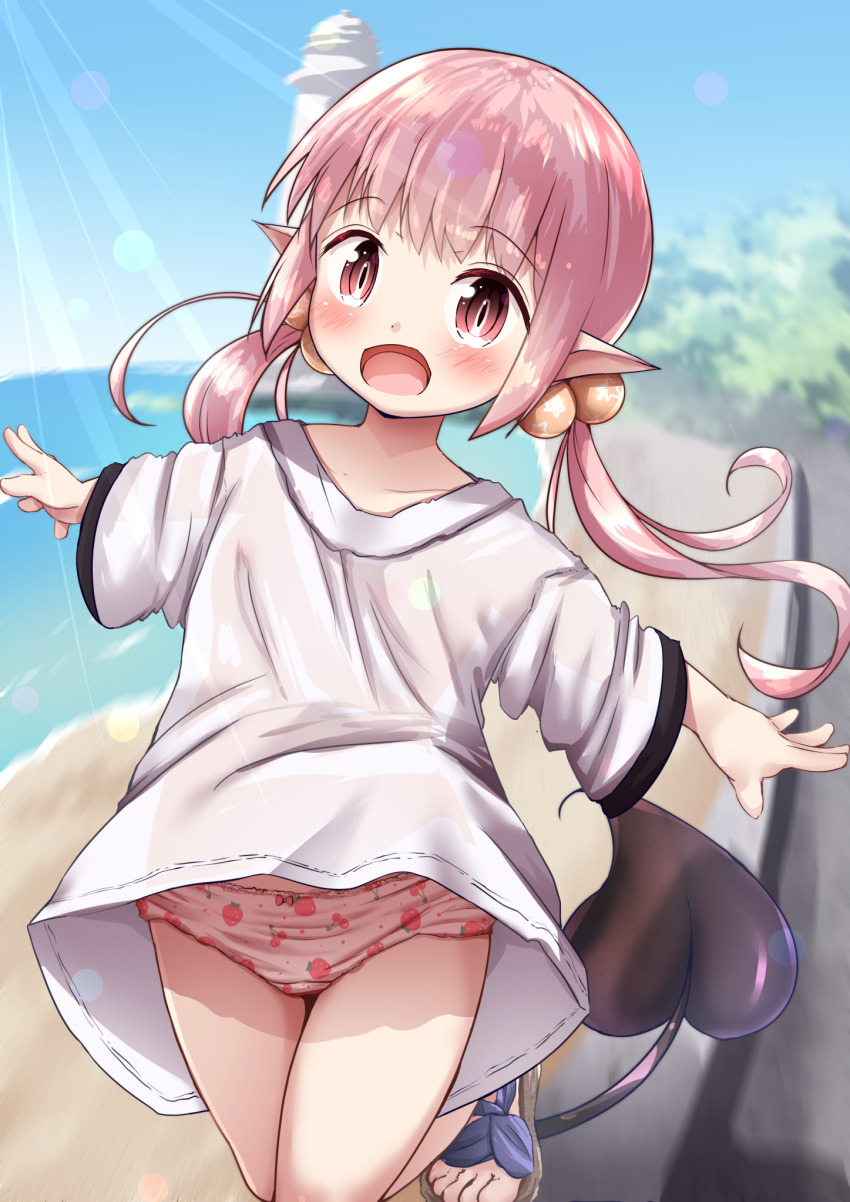 1girl :d bangs beach blurry blurry_background blush bow bow_panties brown_footwear cherry_panties cherry_print child commentary_request day demon_tail depth_of_field eyebrows_visible_through_hair food_print hair_bobbles hair_ornament highres horizon lighthouse loli long_hair long_sleeves looking_at_viewer low_twintails mochiyuki ocean open_mouth original outdoors outstretched_arms panties pink_hair pink_panties pointy_ears print_panties red_eyes sandals shirt smile solo star_(symbol) star_print strawberry_panties strawberry_print tail twintails underwear very_long_hair water white_shirt wide_sleeves