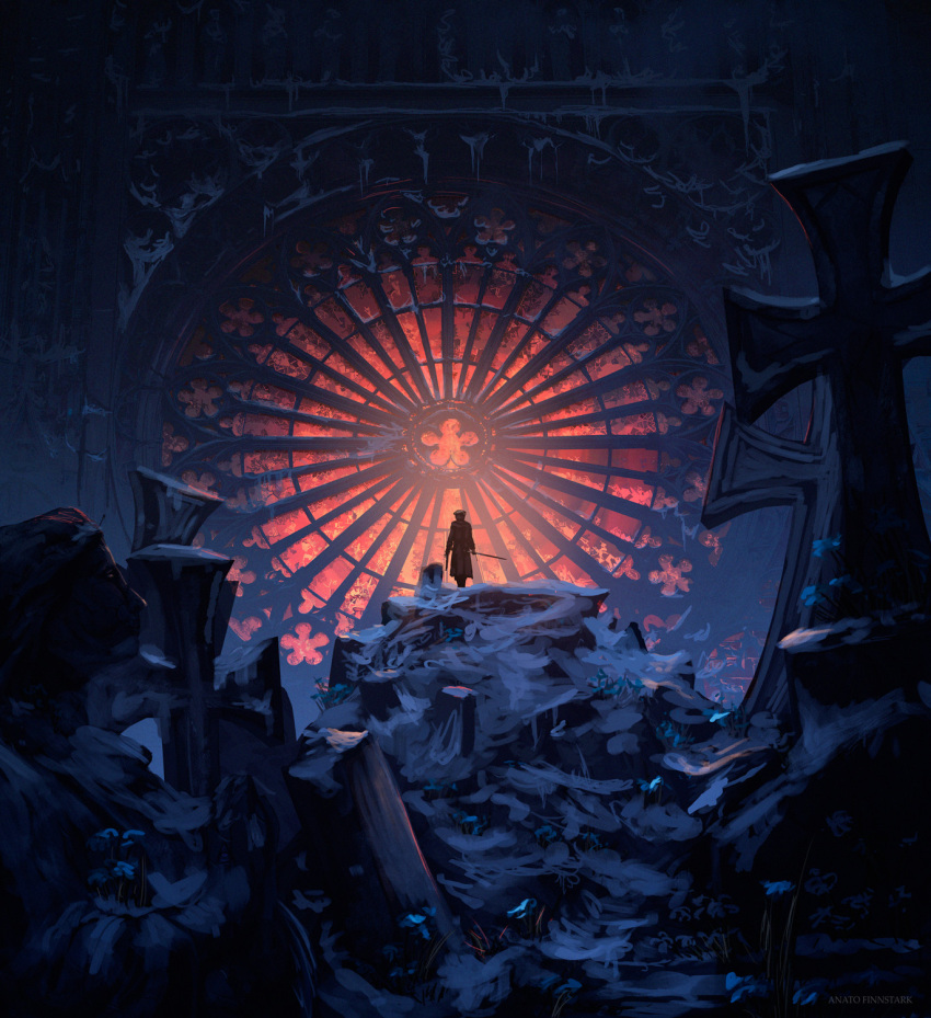 1girl anato_finnstark artist_name bloodborne commentary dark dual_wielding english_commentary from_behind highres holding holding_sword holding_weapon lady_maria_of_the_astral_clocktower ruins scenery solo sword the_old_hunters tombstone weapon wide_shot