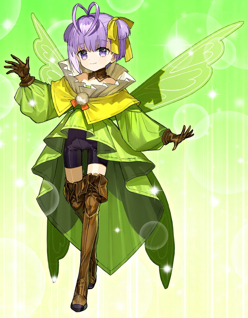 1girl antenna_hair black_shorts boots bow brown_footwear brown_gloves closed_mouth dress eyebrows_visible_through_hair fairy_wings fate/extra fate/extra_ccc fate/extra_ccc_fox_tail fate/grand_order fate_(series) full_body gloves green_background green_dress green_wings hair_bow highres kazuradrop_(fate) light_particles looking_at_viewer official_art pom_pom_(clothes) purple_hair short_hair short_twintails shorts smile solo standing thigh-highs thigh_boots twintails very_short_hair violet_eyes wada_arco wings yellow_bow