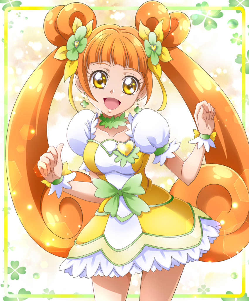 1girl :d bangs breasts brown_hair choker clover_earrings clover_hair_ornament collarbone cowboy_shot cure_rosetta dokidoki!_precure dress floating_hair green_choker hair_ornament hanzou highres layered_dress long_hair looking_at_viewer medium_breasts open_mouth precure shiny shiny_hair short_dress short_sleeves smile solo standing twintails two-tone_dress very_long_hair white_dress yellow_dress yellow_eyes