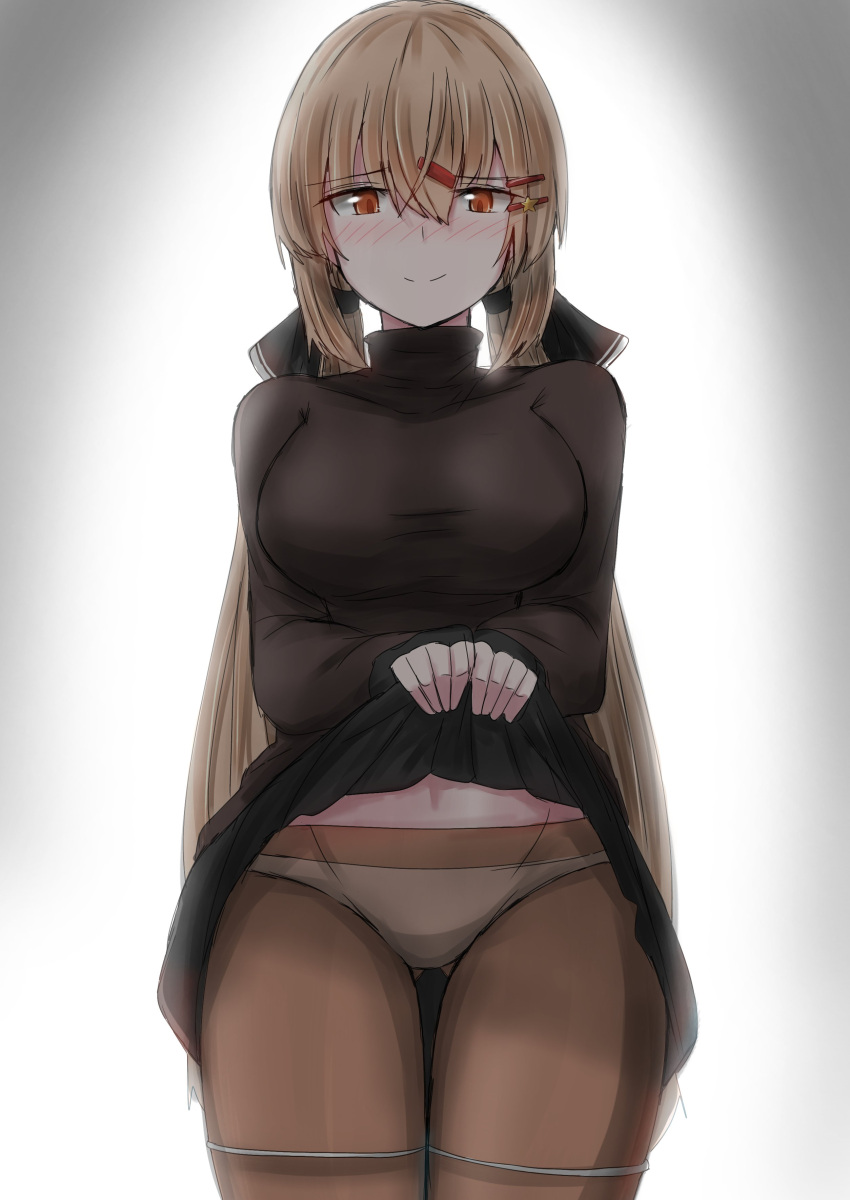 1girl absurdres black_bow black_skirt black_sweater bow brown_eyes brown_hair brown_legwear clothes_lift commentary_request gradient gradient_background grey_background hair_bow hair_ornament hairclip highres kamaboko_senshi kantai_collection long_hair low_twintails panties panties_under_pantyhose pantyhose skirt skirt_lift solo sweater tashkent_(kancolle) turtleneck twintails underwear white_background white_panties