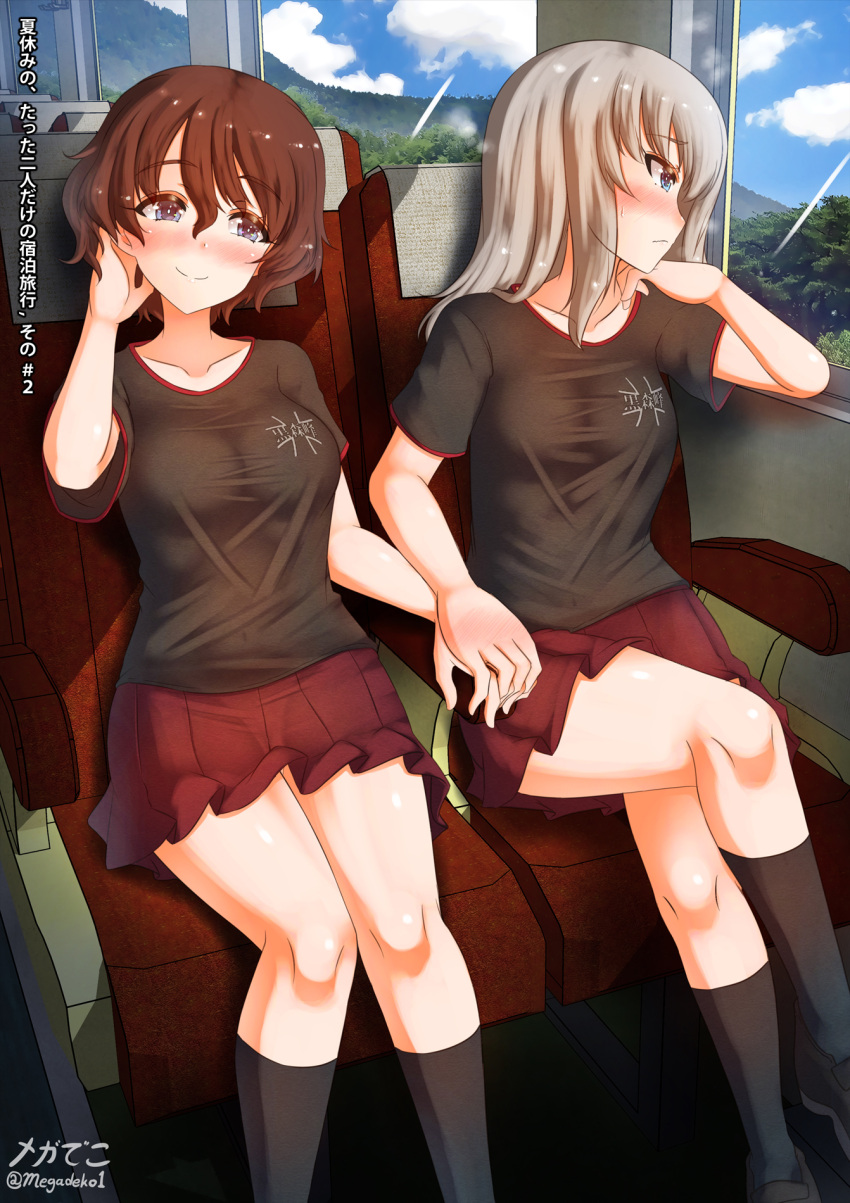 2girls akaboshi_koume aquaegg black_shirt blue_eyes blush breasts brown_hair closed_mouth collarbone eyebrows_visible_through_hair girls_und_panzer highres holding_hands itsumi_erika large_breasts looking_at_another looking_out_window medium_hair microskirt multiple_girls red_skirt shiny shiny_hair shiny_skin shirt short_hair sitting skirt smile train_interior translation_request white_hair yuri