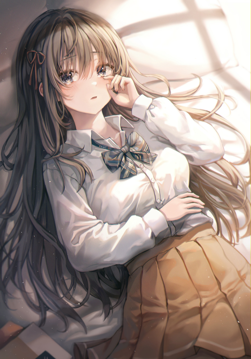 1girl absurdres bangs bed_sheet blush bow bowtie brown_eyes brown_hair collared_shirt dress_shirt eyebrows_visible_through_hair grey_neckwear hair_ribbon hand_on_own_stomach highres huge_filesize lime1125 long_hair long_sleeves looking_at_viewer lying medium_skirt on_back on_bed orange_ribbon orange_skirt original parted_lips plaid plaid_bow plaid_neckwear pleated_skirt ribbon shirt skirt solo tears very_long_hair window_shade wiping_tears