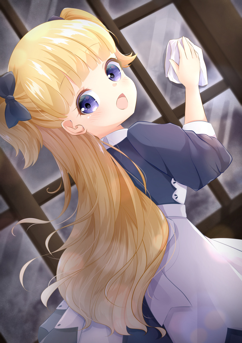 1girl :d absurdres apron black_bow black_dress blonde_hair blue_eyes bow commentary_request dress dutch_angle emilyko from_behind hair_bow highres inahori long_hair long_sleeves looking_at_viewer looking_back open_mouth puffy_long_sleeves puffy_sleeves shadows_house smile solo two_side_up very_long_hair waist_apron white_apron window