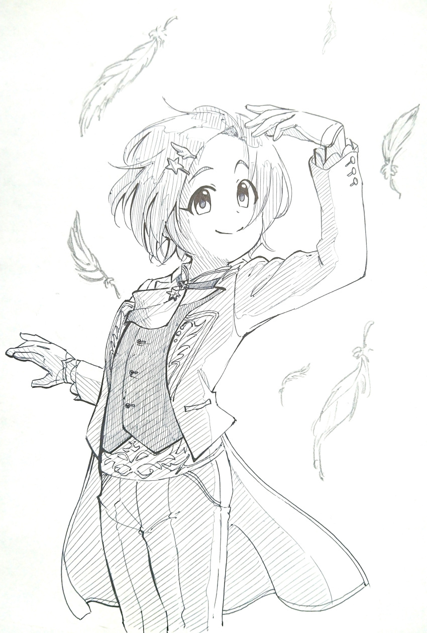 1girl absurdres arm_up ascot cape feathers greyscale hair_ornament hairclip highres idolmaster idolmaster_cinderella_girls jacket monochrome pants plum_togoshi ryuuzaki_kaoru short_hair sketch smile solo