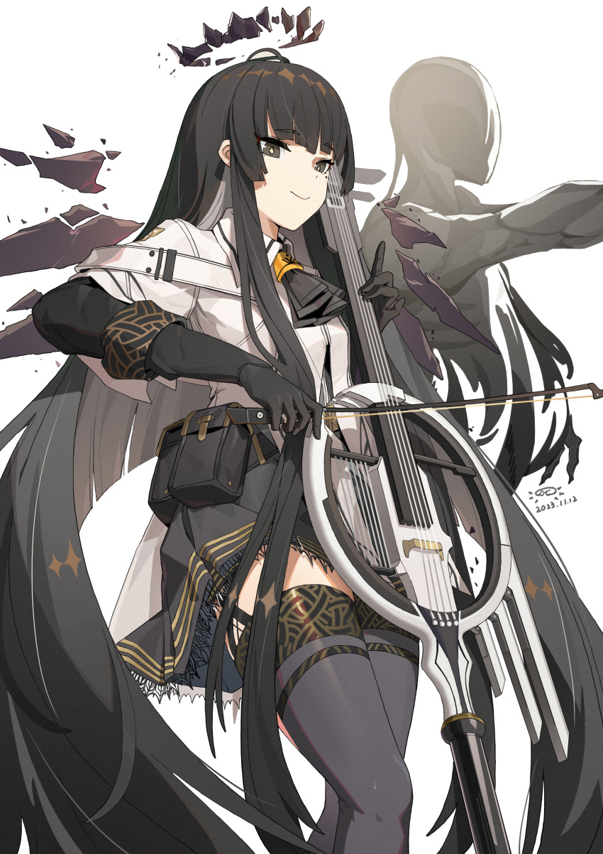 1girl absurdres antenna_hair arknights ascot belt belt_buckle belt_pouch black_ascot black_belt black_eyes black_garter_straps black_gloves black_hair black_halo black_skirt black_thighhighs black_wings bloom blunt_bangs bow_(music) broken_halo buckle cello chinese_commentary closed_mouth collared_jacket colored_inner_hair commentary_request crossed_legs dark_halo dated detached_wings diamond-shaped_pupils diamond_(shape) dress_shirt energy_wings feet_out_of_frame film_grain from_below from_side garter_straps gloves grey_hair grey_shirt halo hand_up high_collar highres hime_cut holding holding_bow_(music) holding_instrument holding_violin index_finger_raised instrument jacket knees lace-trimmed_skirt lace_trim layered_sleeves long_hair long_sleeves looking_at_viewer looking_down looking_to_the_side miniskirt mole mole_under_eye multicolored_hair music originium_arts_(arknights) pale_skin playing playing_instrument pleated_skirt pouch shadow shirt short-sleeved_jacket short_over_long_sleeves short_sleeves sidelocks simple_background skirt smile solo standing straight_hair strap symbol-shaped_pupils thigh-highs thighs two-tone_hair very_long_hair violin virtuosa_(arknights) white_background white_jacket wide_sleeves wing_collar wings xiaotong zettai_ryouiki