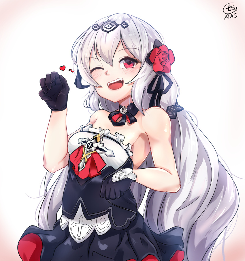 1girl :d armpits bangs bare_shoulders black_gloves fangs flower gloves hair_between_eyes hair_flower hair_ornament heart highres honkai_(series) honkai_impact_3rd long_hair looking_at_viewer one_eye_closed open_mouth qualthis red_eyes red_flower rose simple_background smile solo theresa_apocalypse theresa_apocalypse_(luna_kindred) twintails white_background white_hair