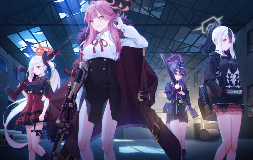 4girls aru_(blue_archive) backpack bag barrel black_hair blue_archive dress fur_trim gloves gun hair_ornament halo hand_up hands_in_pocket haruka_(blue_archive) hat holding holding_gun holding_weapon hood hoodie indoors jacket jacket_on_shoulders jewelry kayoko_(blue_archive) long_hair multicolored_hair multiple_girls mutsuki_(blue_archive) necklace over_shoulder pink_hair pipes ponytail purple_hair red_dress standing streaked_hair thigh_strap twintails two-tone_hair unjem very_long_hair violet_eyes warehouse weapon white_gloves white_hair yellow_eyes