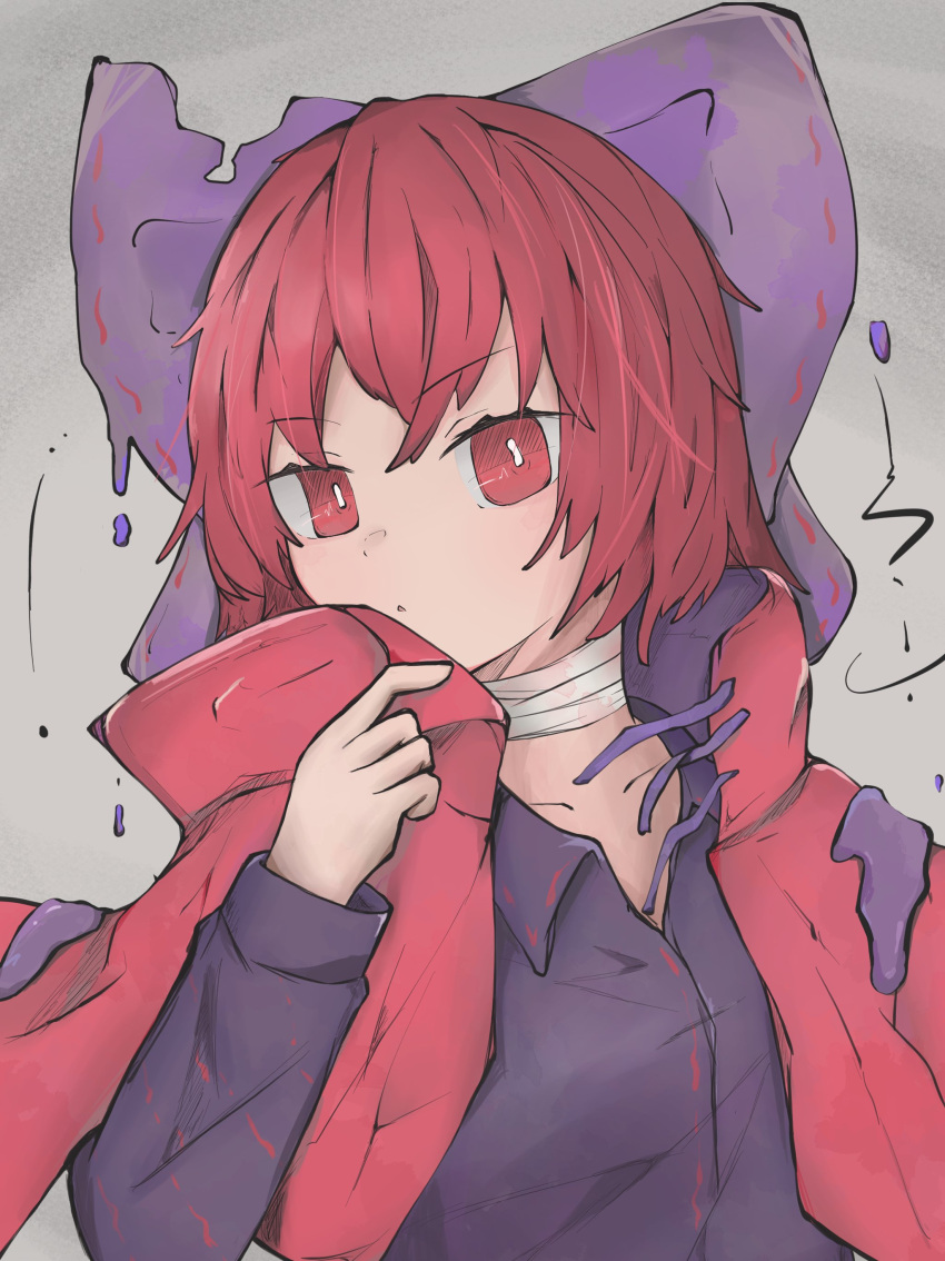 1girl absurdres bandage_on_neck bandages black_shirt bow cloak collared_shirt commentary_request hair_bow highres long_sleeves nyo_(fy_1) purple_bow red_cloak red_eyes redhead sekibanki shirt short_hair solo touhou