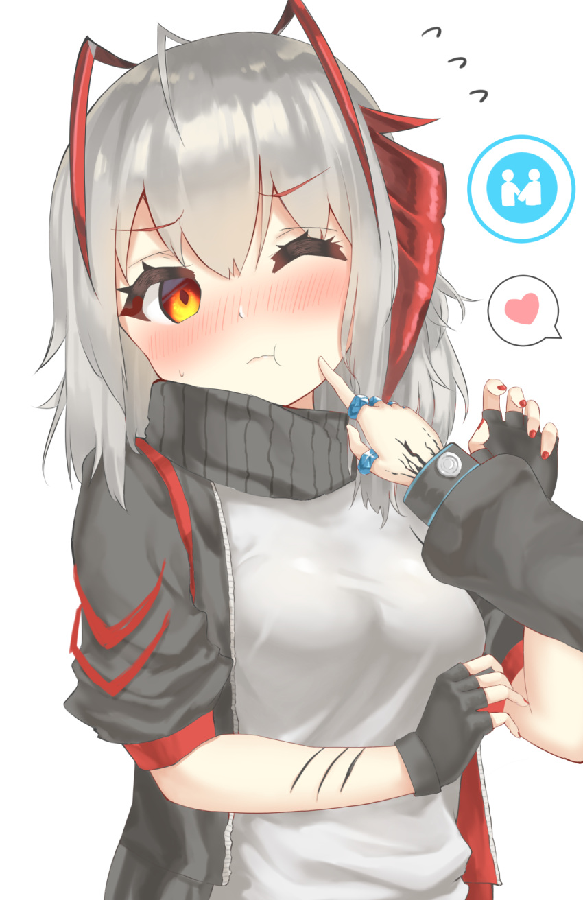 ahoge amiya_(arknights) arknights asymmetrical_hair black_gloves black_jacket black_scarf blush cheek_poking eyebrows_visible_through_hair gloves grey_shirt heart highres horns infection_monitor_(arknights) jacket long_sleeves nail_polish one_eye_closed open_clothes open_jacket orange_eyes poking red_horns red_nails scar_on_arm scarf shirt short_hair short_sleeves silver_hair simple_background sweatdrop upper_body w_(arknights) white_background yuetsu